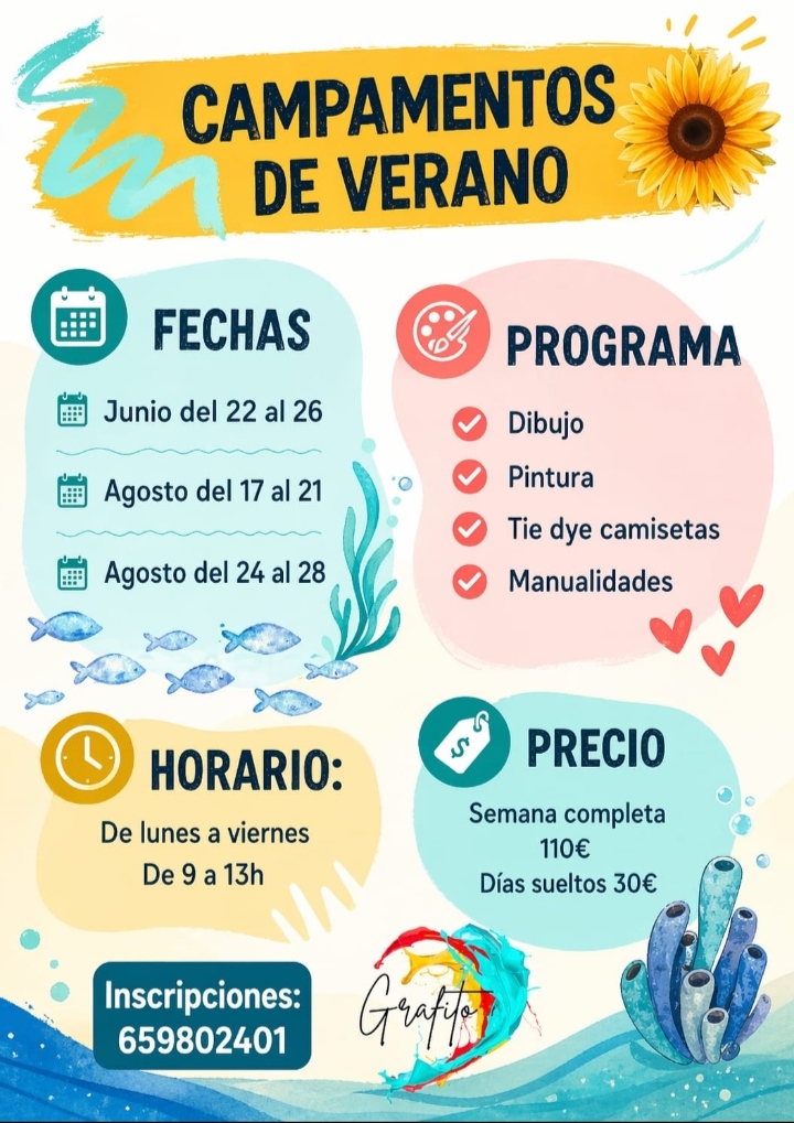 Campamentos de verano. El alumnado aprenderá a customizar camisetas, dibujo, pintura y manualidades. Una experiencia creativa que les encantará.  Si te interesa puedes inscribirte en el teléfono 659802401
